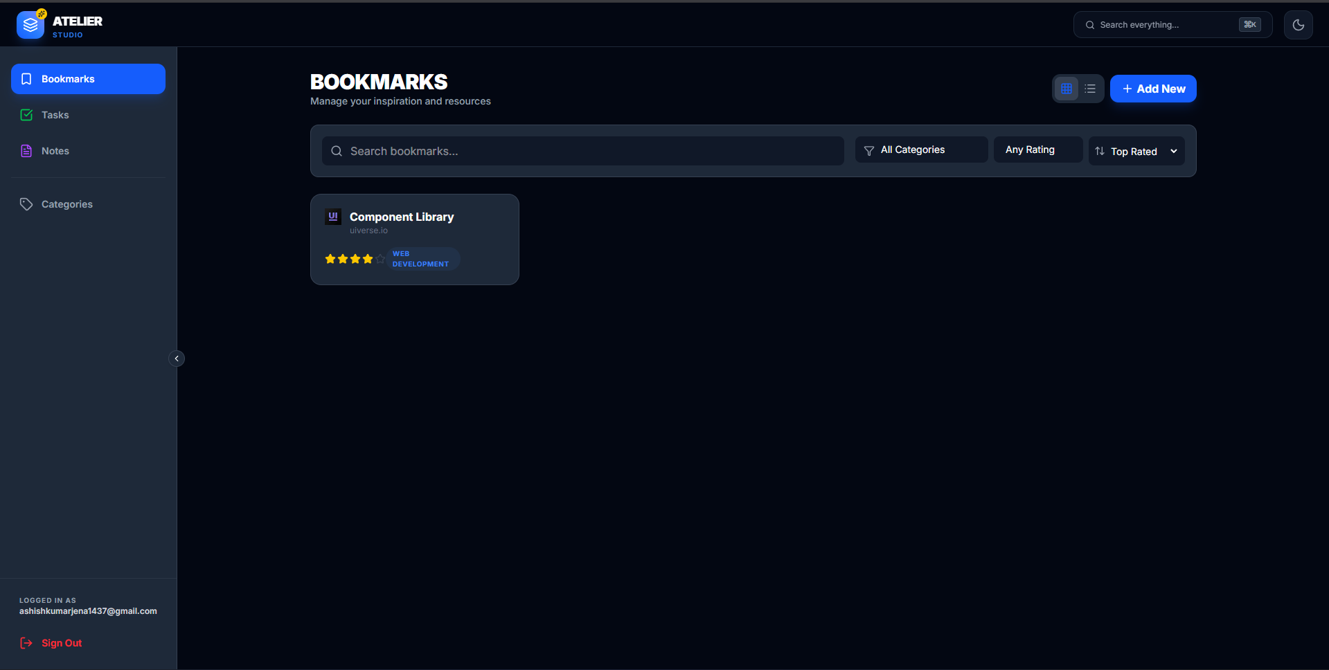 Atelier — A personalized web application to manage Notes , to-do and bookmark with different filtering and categories